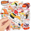 A hand holds a collection of kawaii sushi decals featuring various fish and rolls on a colorful background.