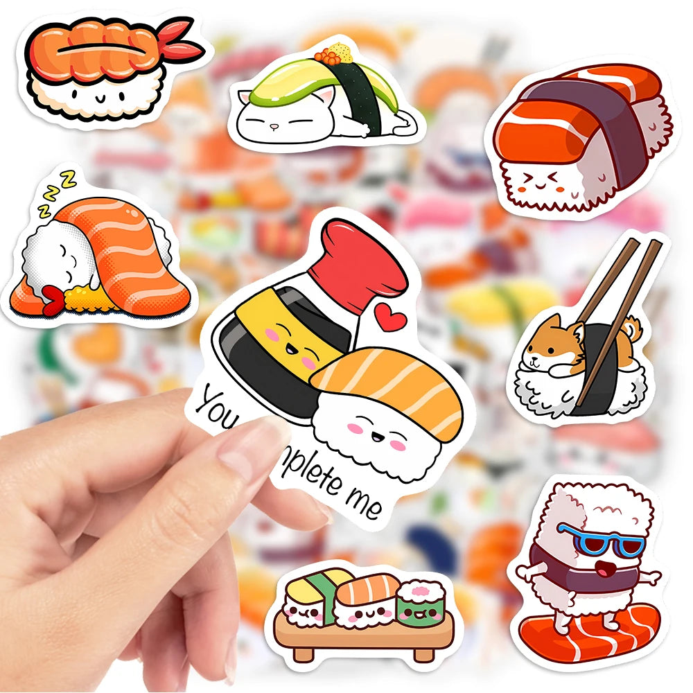A hand holds a collection of kawaii sushi decals featuring various fish and rolls on a colorful background.