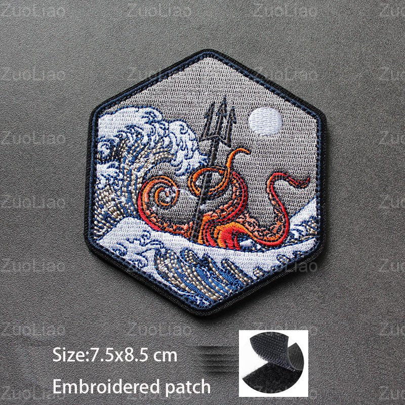 3D Embroidered Surfing Wave Patch with Octopus Design