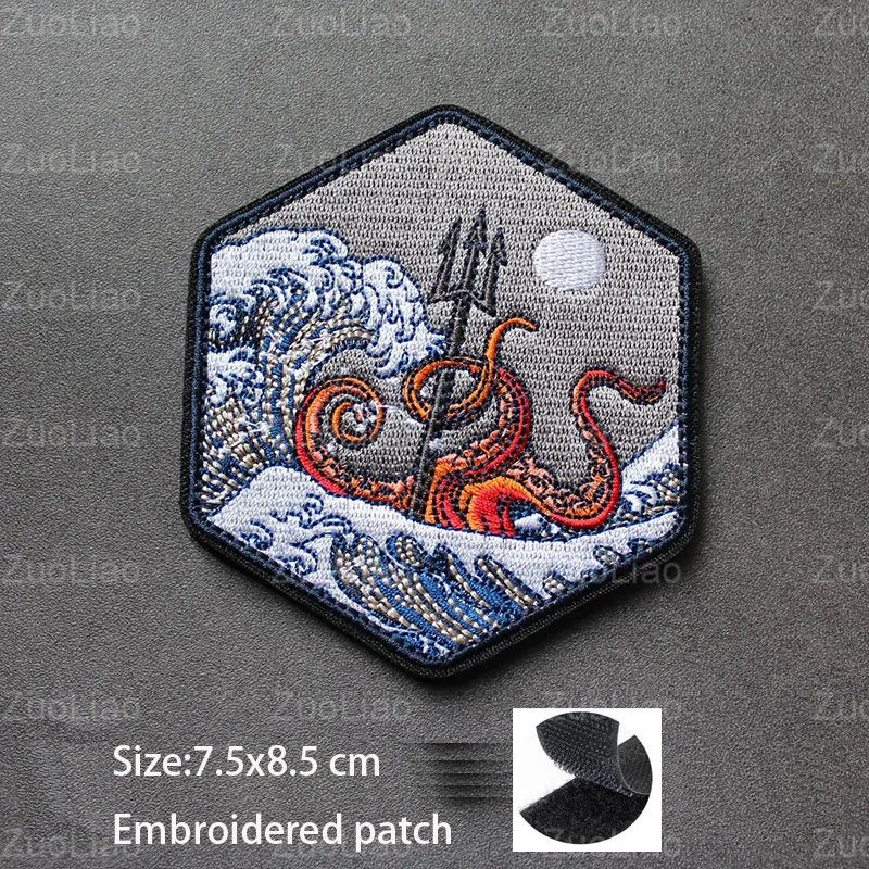 3D Embroidered Surfing Wave Patch with Octopus Design