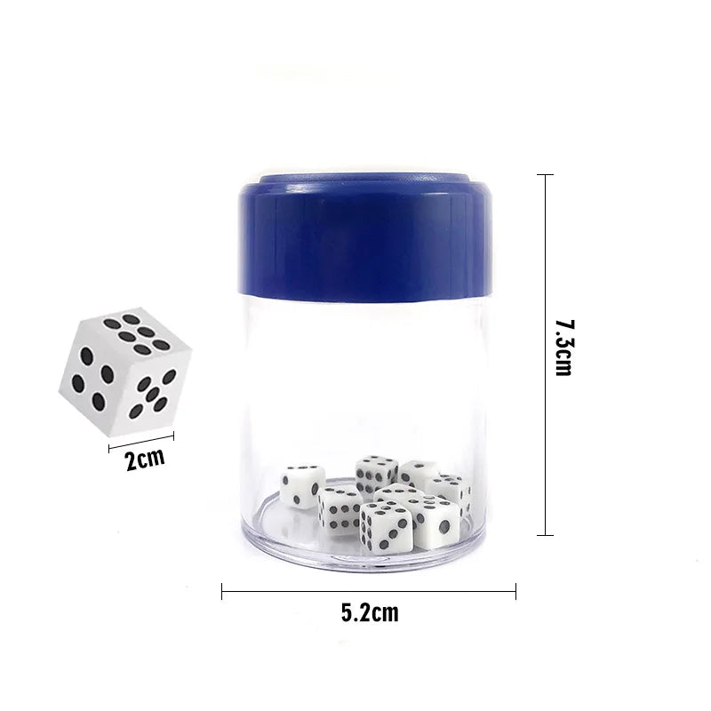 A clear plastic container with a blue lid holding several white dice.