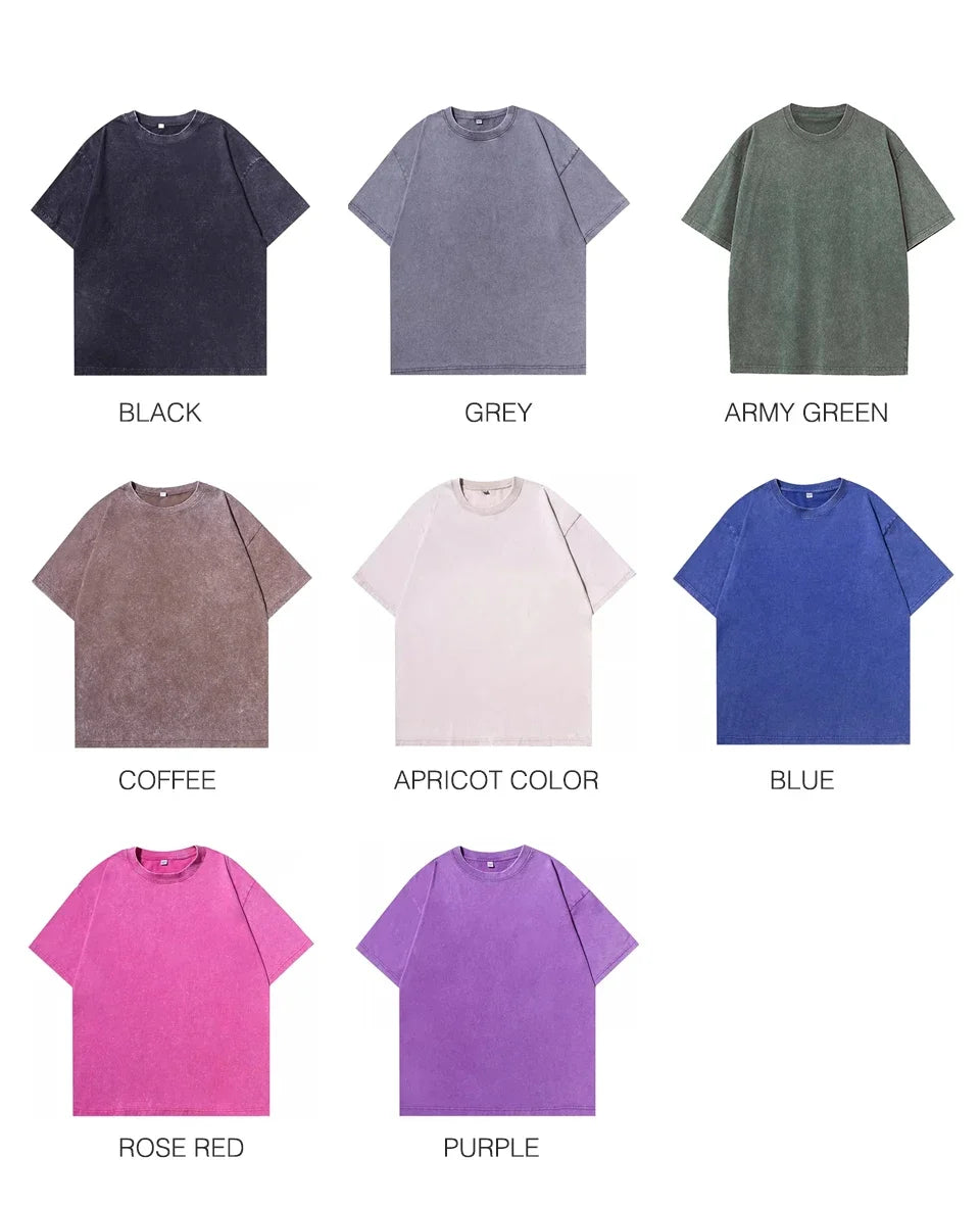 A grid of twelve men's retro washed heavyweight cotton t-shirts in various colors including black, grey, army green, coffee, 