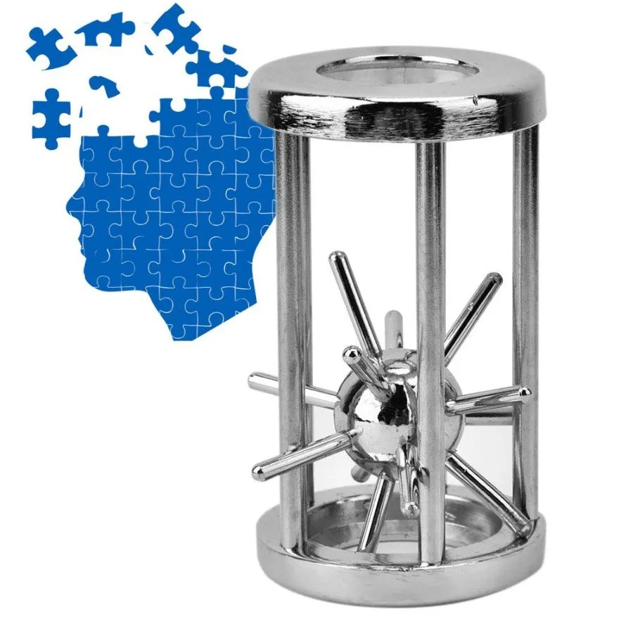 Stainless steel brain teaser puzzle lock set with a cylindrical body and a central sphere.