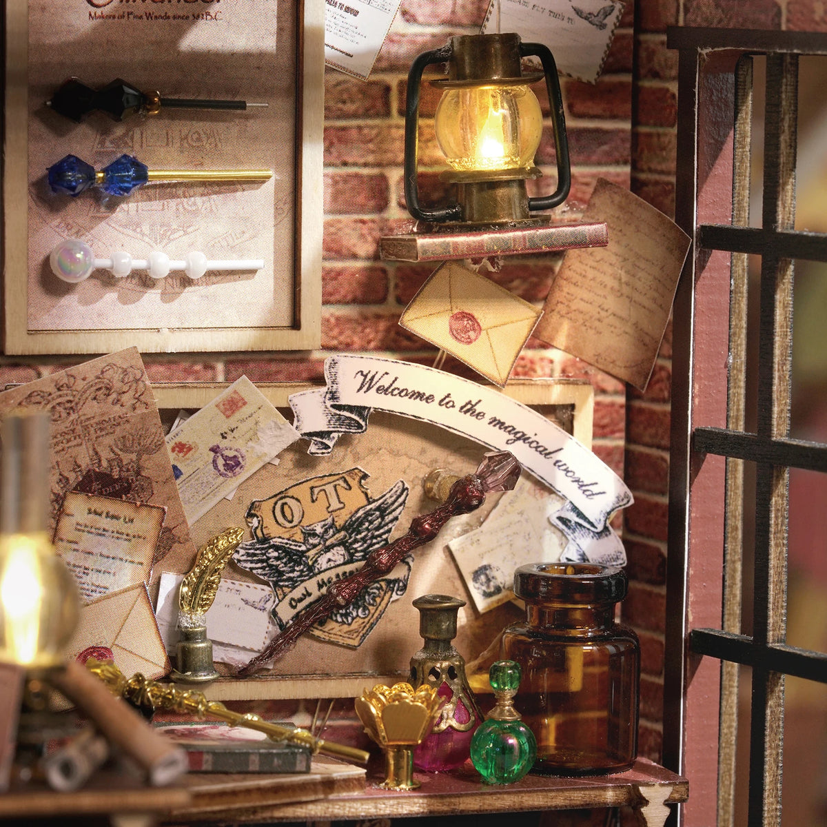 A collection of miniature dollhouse decor items including glass jars, gold accents, and aged paper in a rustic setting.