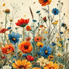 A vibrant watercolor painting featuring a dense field of orange, yellow, and blue flowers.