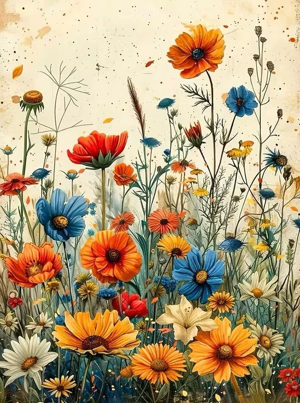 A vibrant watercolor painting featuring a dense field of orange, yellow, and blue flowers.