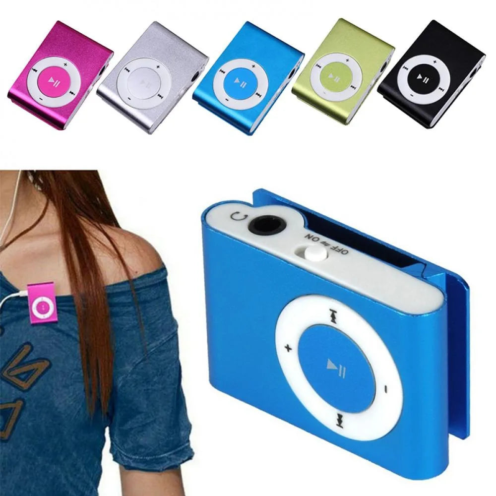 A collection of colorful portable mini MP3 players displayed against a dark background and a blue one in use.