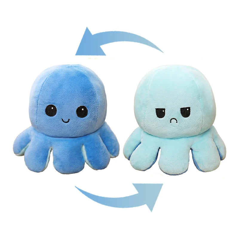 A pair of double-sided flip octopus plush toys in shades of purple and blue.