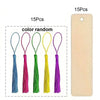 A set of 15 wooden blank bookmarks with random color tassels displayed in a white box.