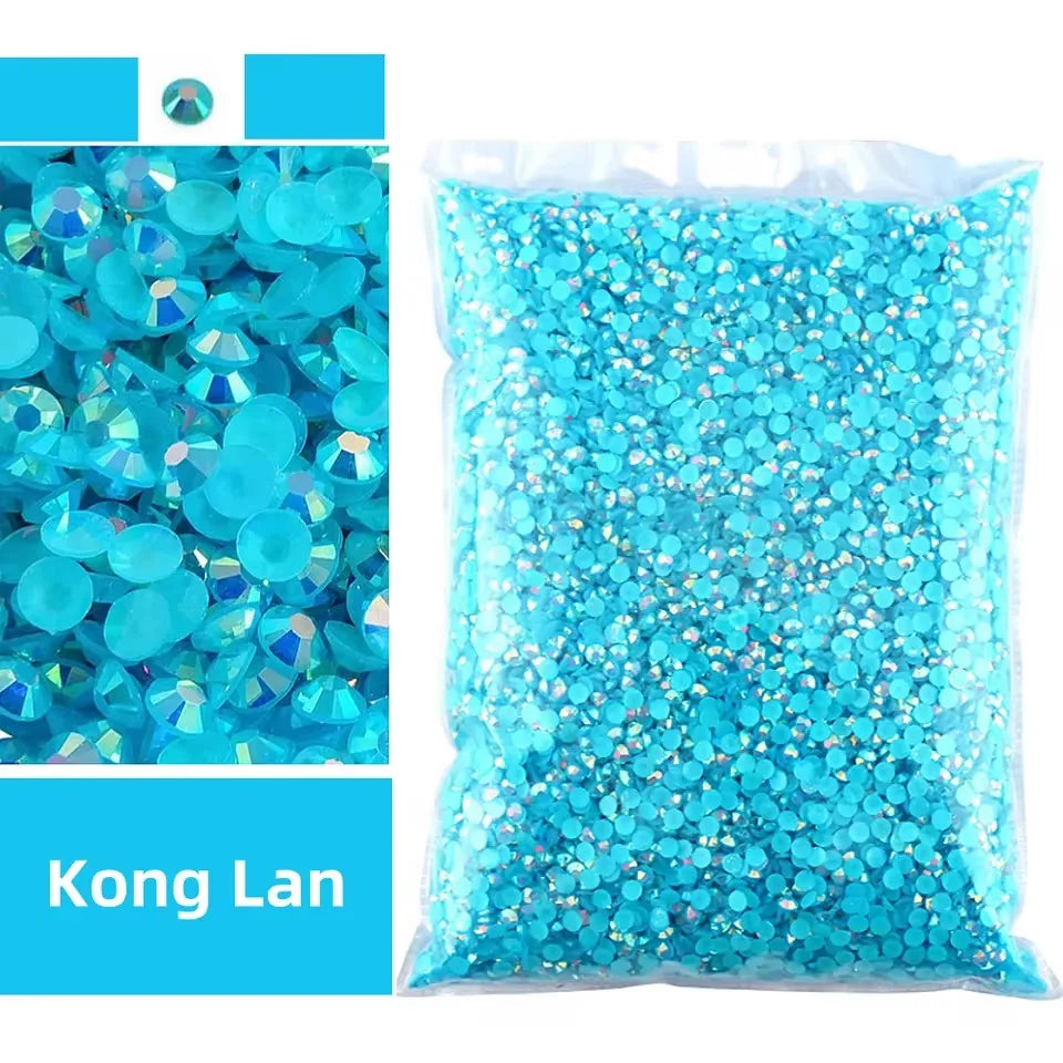 Bag of bright blue AB-coated flat back resin rhinestones for crafts and DIY projects