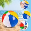 A colorful inflatable beach ball with rainbow stripes is shown next to hands demonstrating its soft, elastic texture and clea