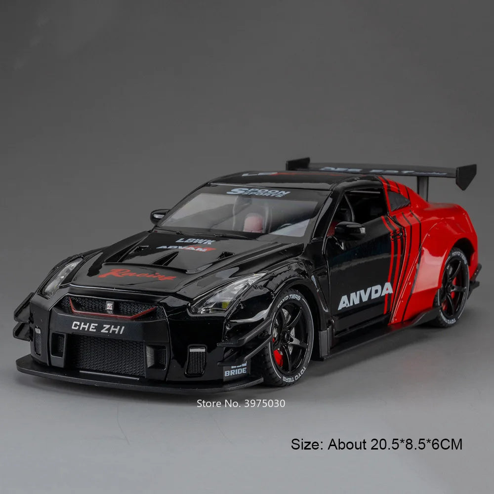 A black and red Nissan GT-R sports car diecast model with a large rear wing displayed on a gray background.