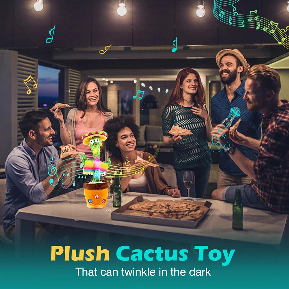 A group of people interacting with a plush cactus toy that can twinkle in the dark.