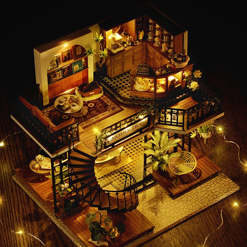 A detailed miniature dollhouse puzzle kit featuring wooden structures and decorative elements.