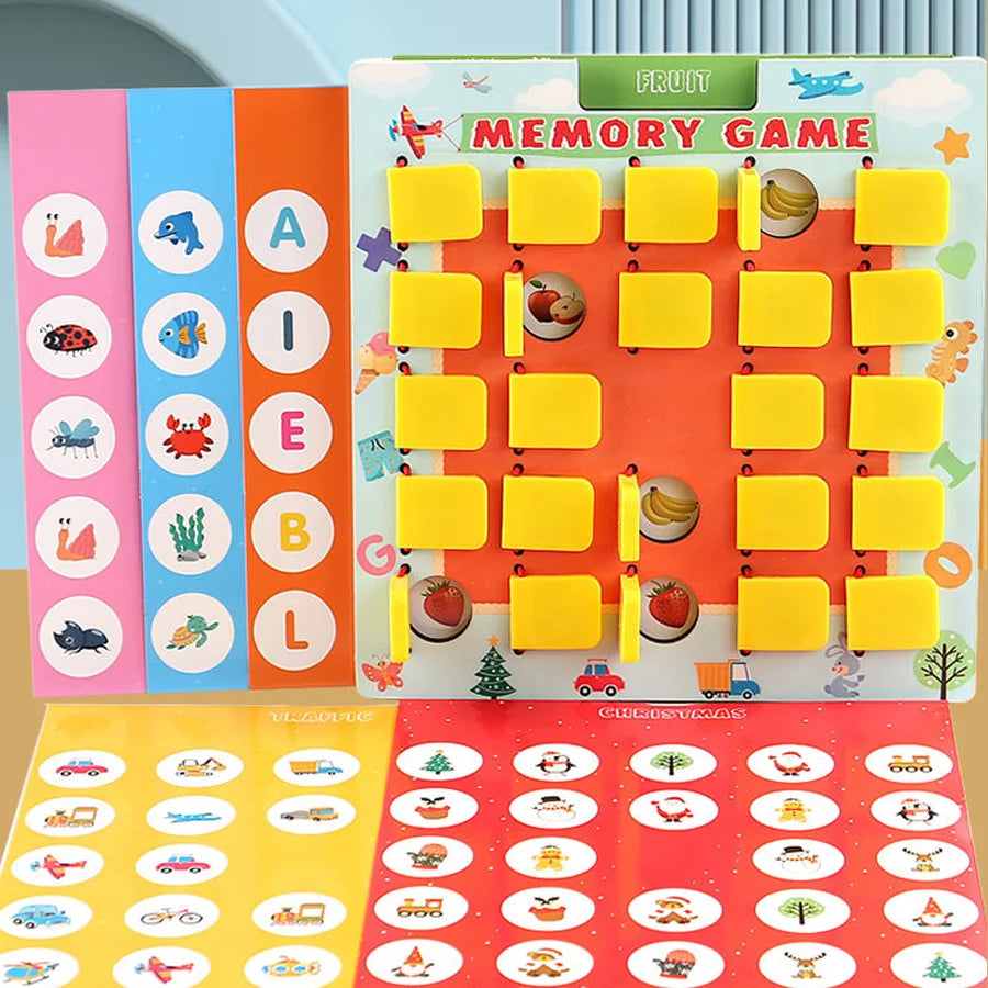 A colorful wooden memory game board featuring fruit and letter cards for children.