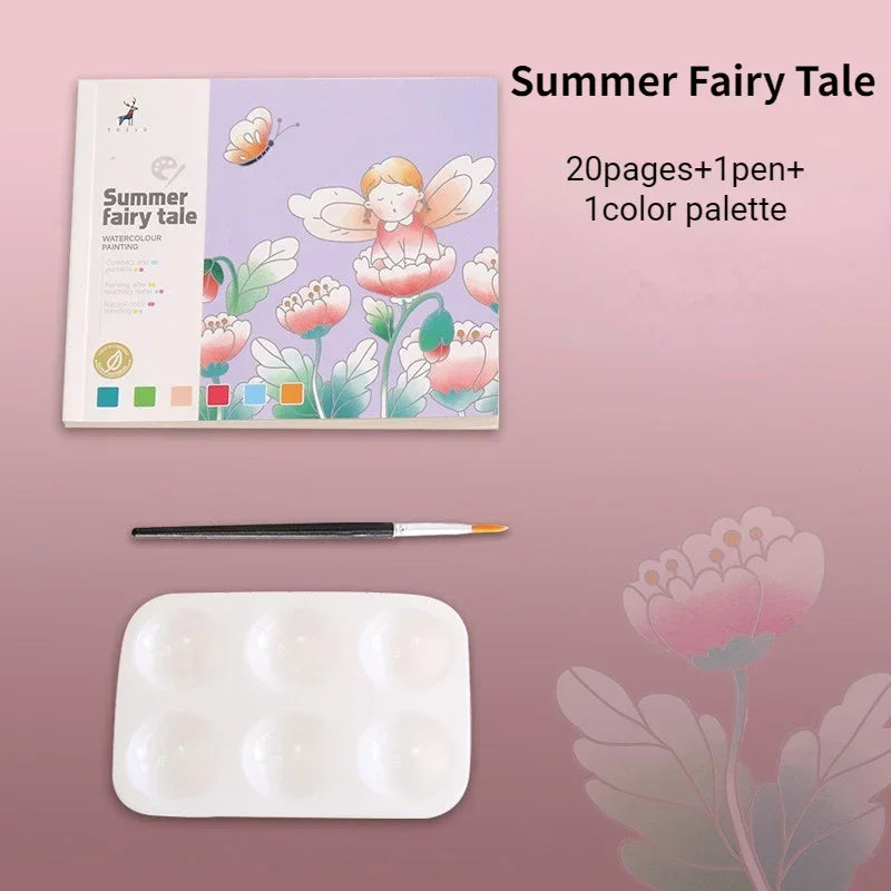 A box of Summer Fairy Tale watercolor painting supplies including 20 pages and a 1 color palette