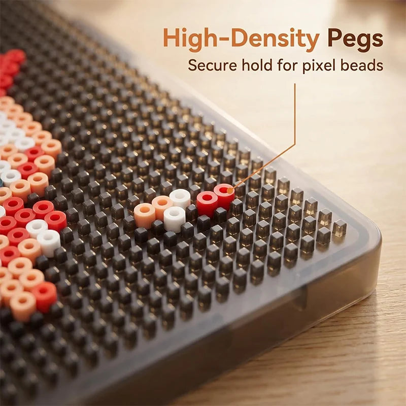 Close-up of a high-density peg board with colorful beads secured by pegs for pixel art creation.
