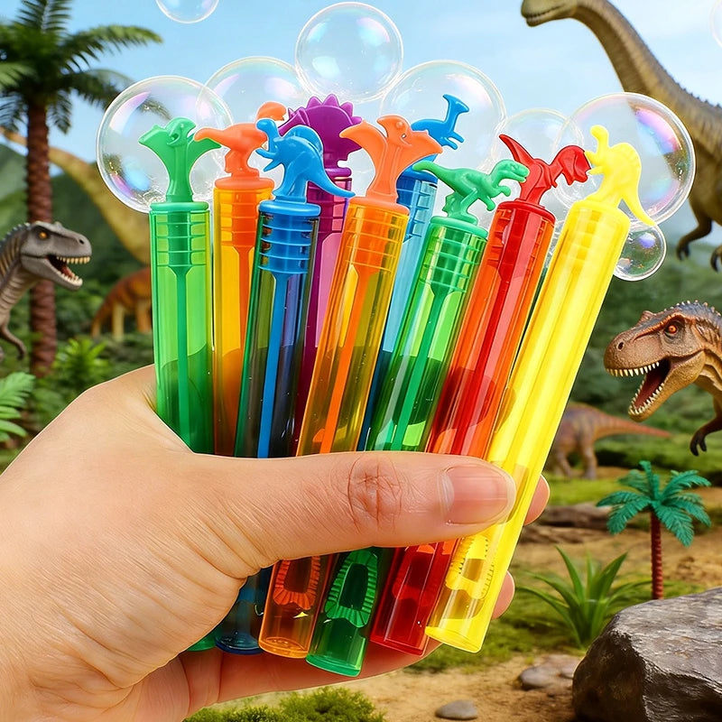 A hand holds a bunch of colorful dinosaur-themed bubble bottles with green, orange, and yellow liquid inside.