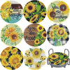 Eight diamond painting coasters featuring sunflower designs with a metal holder.