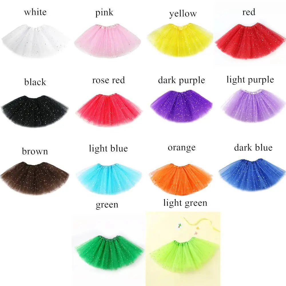 A collection of sparkling princess tutus dresses in various colors including white, pink, yellow, red, black, purple, orange,