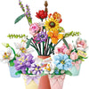 A colorful floral bouquet made of building blocks featuring various pink, yellow, and purple flowers.