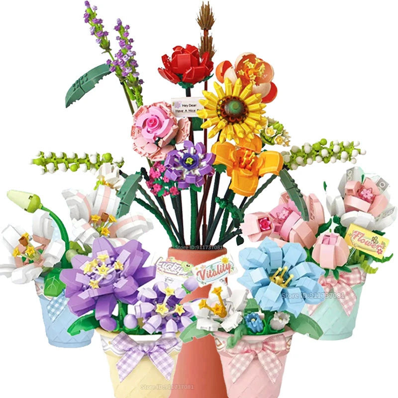 A colorful floral bouquet made of building blocks featuring various pink, yellow, and purple flowers.