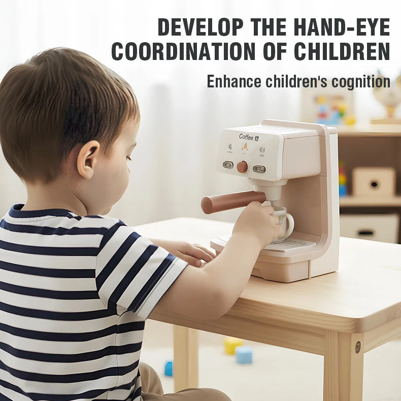 A young boy is using a kids pretend play coffee machine set to develop hand-eye coordination.