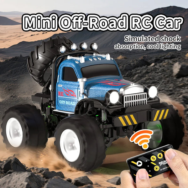 A blue Mini Off-Road RC car is shown driving over rocks with simulated shock absorption and cool lighting.