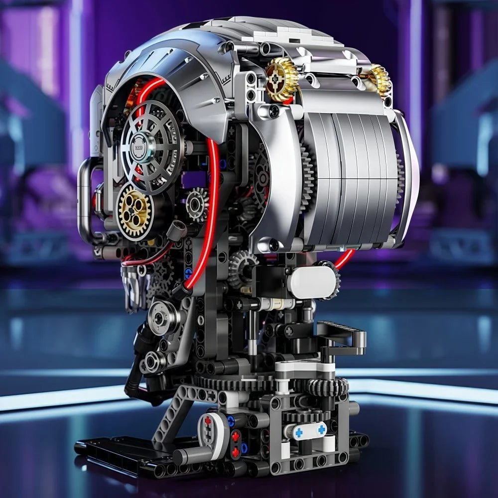 A detailed mechanical skeleton head building kit with silver and black components and red LED lights.
