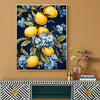 A painting featuring yellow lemons and blue flowers on a dark background.