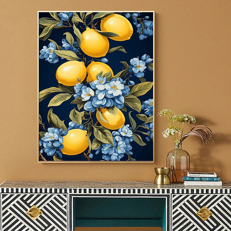 A painting featuring yellow lemons and blue flowers on a dark background.
