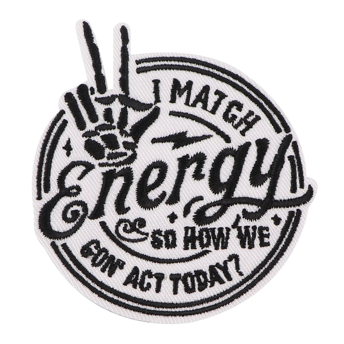 Black embroidered patch featuring a lightning bolt design and the text I MATCH ENERGY