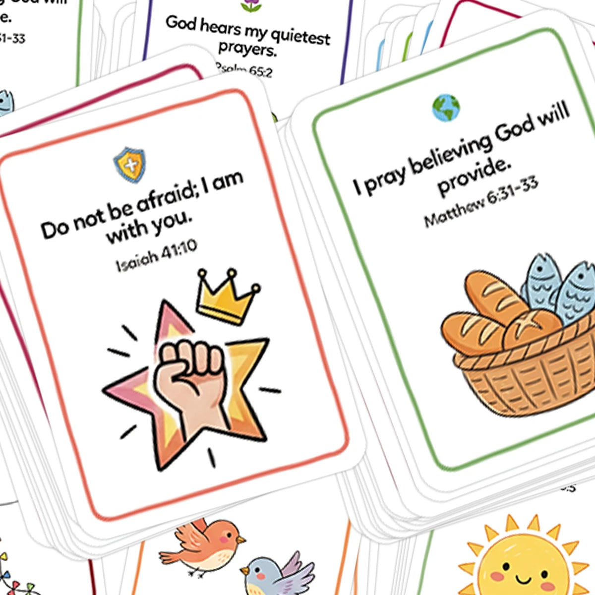 A set of illustrated Bible prayer cards for kids featuring verses like Isaiah 41:10 and Matthew 6:31-33
