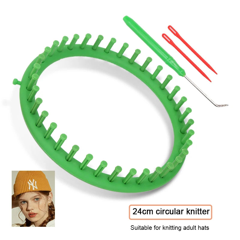 A green 24cm circular knitter tool with a crochet hook is shown next to an adult hat.