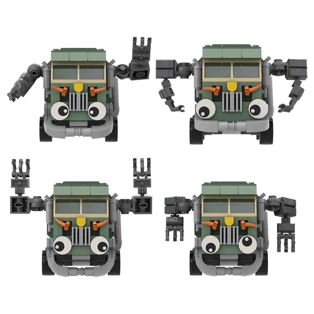 A green and gray trash truck building block set with working dump function shown in multiple configurations.