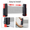 A set of retractable table tennis net, paddles, and balls shown with an installation guide and a demonstration of its thickne