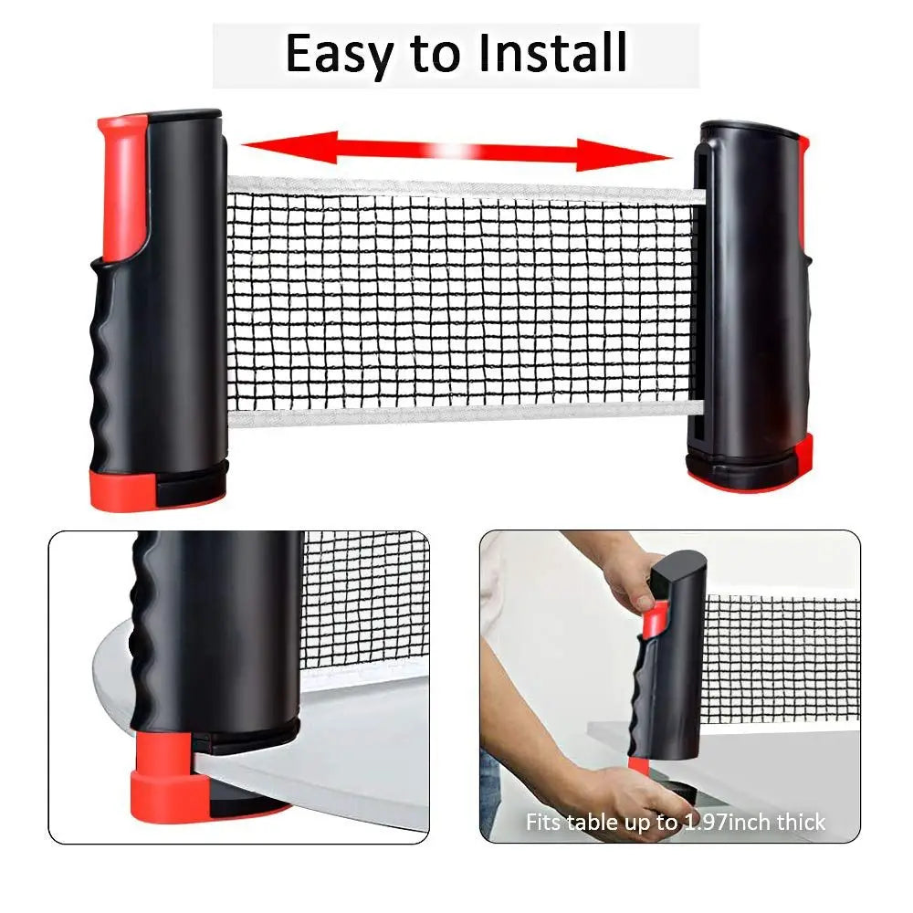 A set of retractable table tennis net, paddles, and balls shown with an installation guide and a demonstration of its thickne