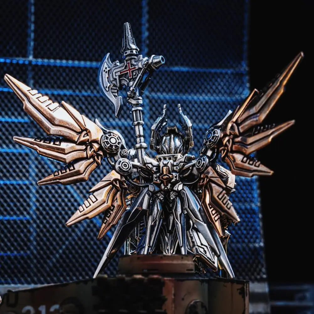 A highly detailed silver metal figurine of an winged adjudicator with a staff and armor.