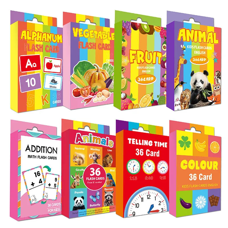 A collection of colorful flash cards for kids featuring animals, fruits, and colours.