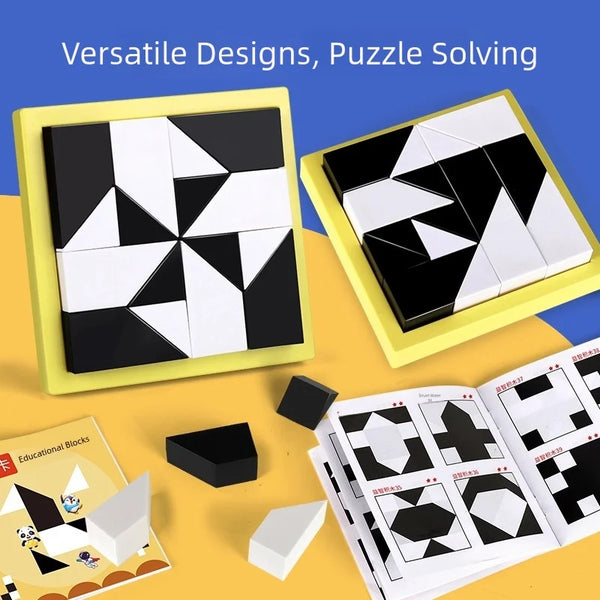 Un ensemble de blocs de puzzle noirs et blancs dans une boîte jaune et dispersés sur une surface