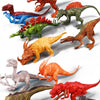 A variety of painted dinosaur figures in various colors and styles displayed on a white background.