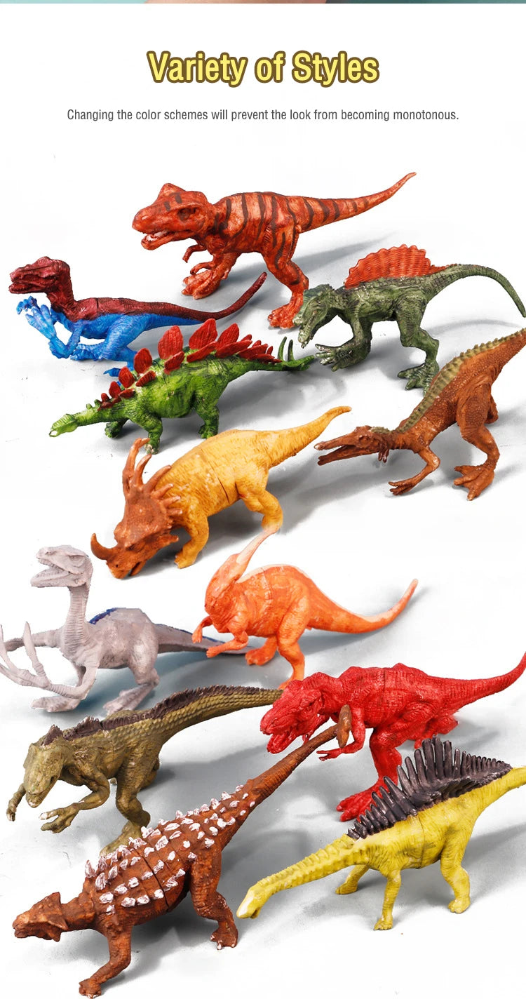 A variety of painted dinosaur figures in various colors and styles displayed on a white background.
