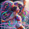 A vibrant illustration of a woman with long, colorful hair adorned with sparkling gems and jewelry.