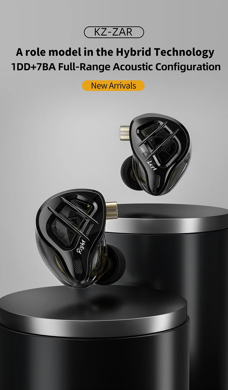 A pair of black KZ-ZAR hybrid in-ear monitors shown with the left and right earpieces displayed above a dark storage containe