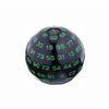 A black 100-sided acrylic polyhedral die with numbers marked on its surface.