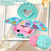 A children's cosmetic shell toy set featuring pink and teal shells, makeup items, and a heart-shaped clear case.