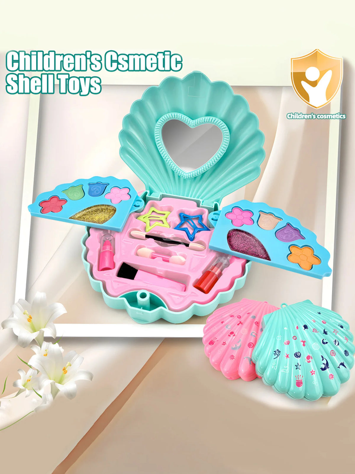 A children's cosmetic shell toy set featuring pink and teal shells, makeup items, and a heart-shaped clear case.
