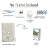 Paint by numbers kit components including paintbrushes, accessories, reference sheet, canvas, and color guide.