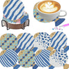 An 8-piece diamond painting coaster kit with a holder showing various striped and patterned designs on coasters.