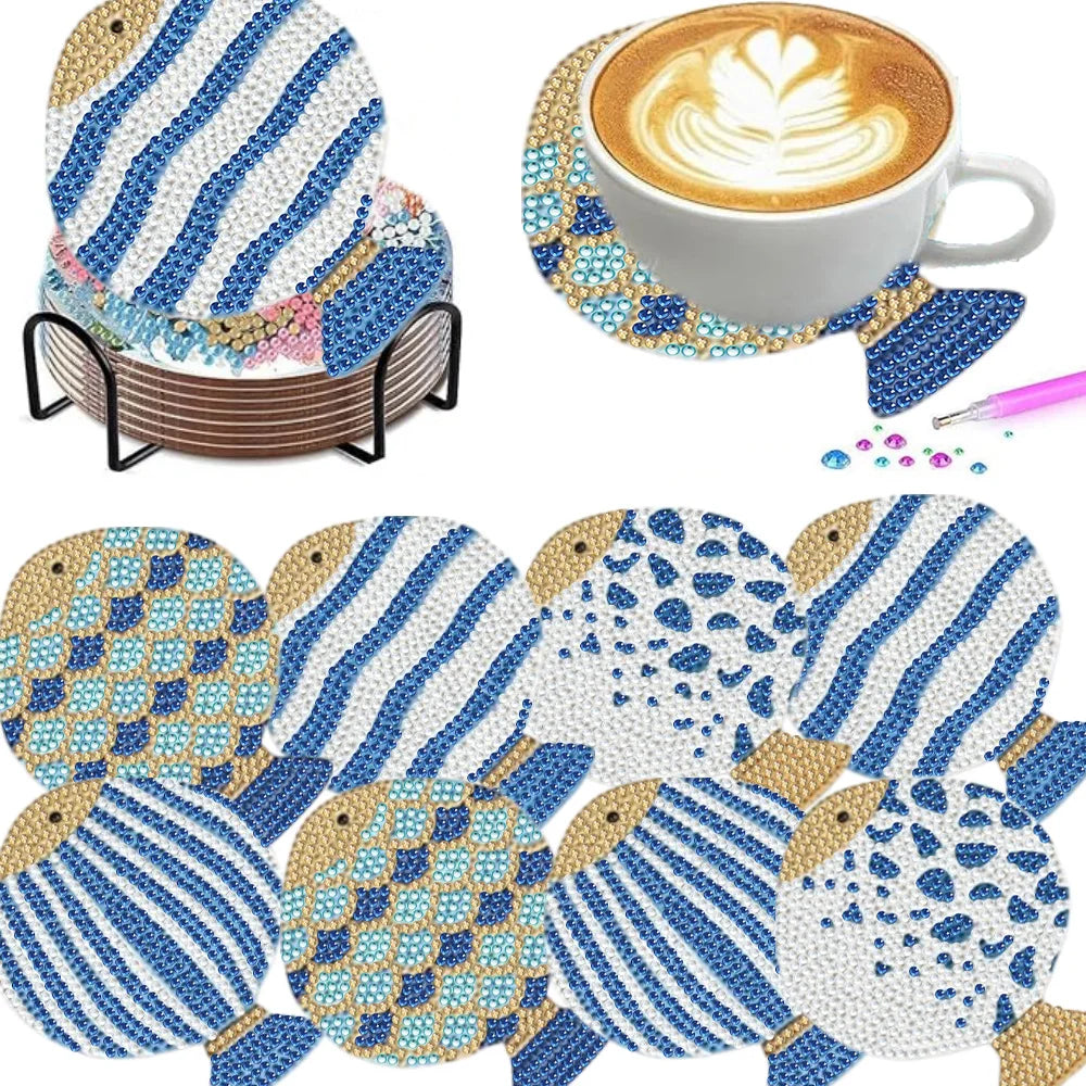 An 8-piece diamond painting coaster kit with a holder showing various striped and patterned designs on coasters.